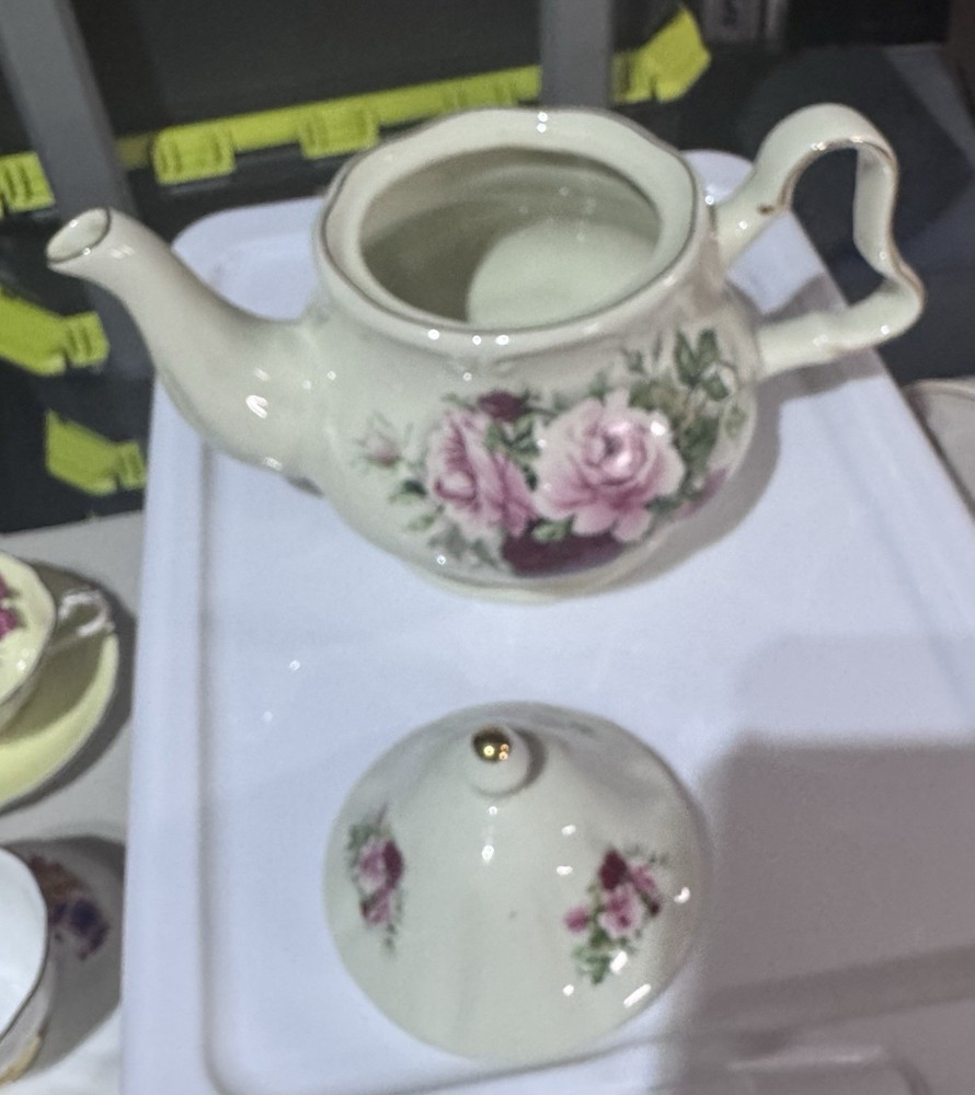 Formalities Floral Ceramic Tea Pot White Pink Green Round Glossy Teapot with Lid
