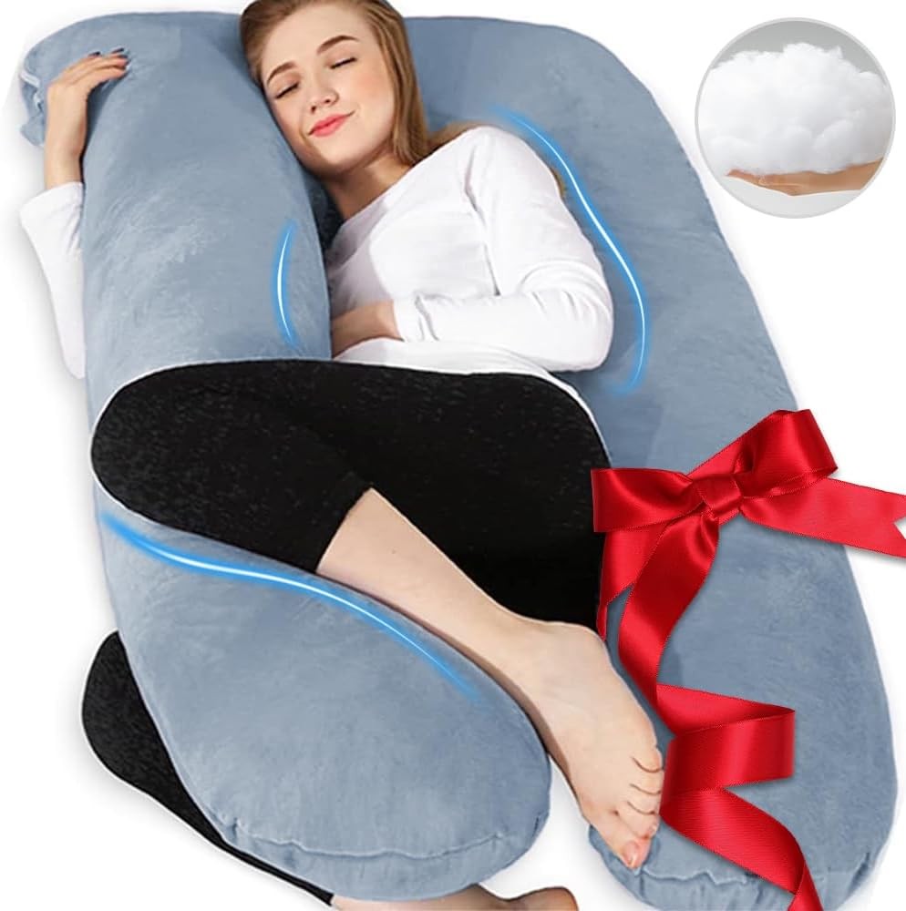 U Shaped 55 Inch Grey Velvet Maternity Pillow for Comfortable Sleep
