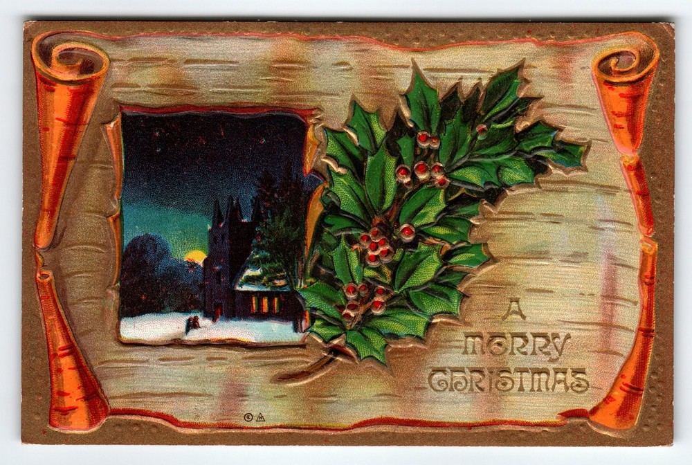 Vintage 1912 Embossed Christmas Postcard Holly & Winter Night Scene