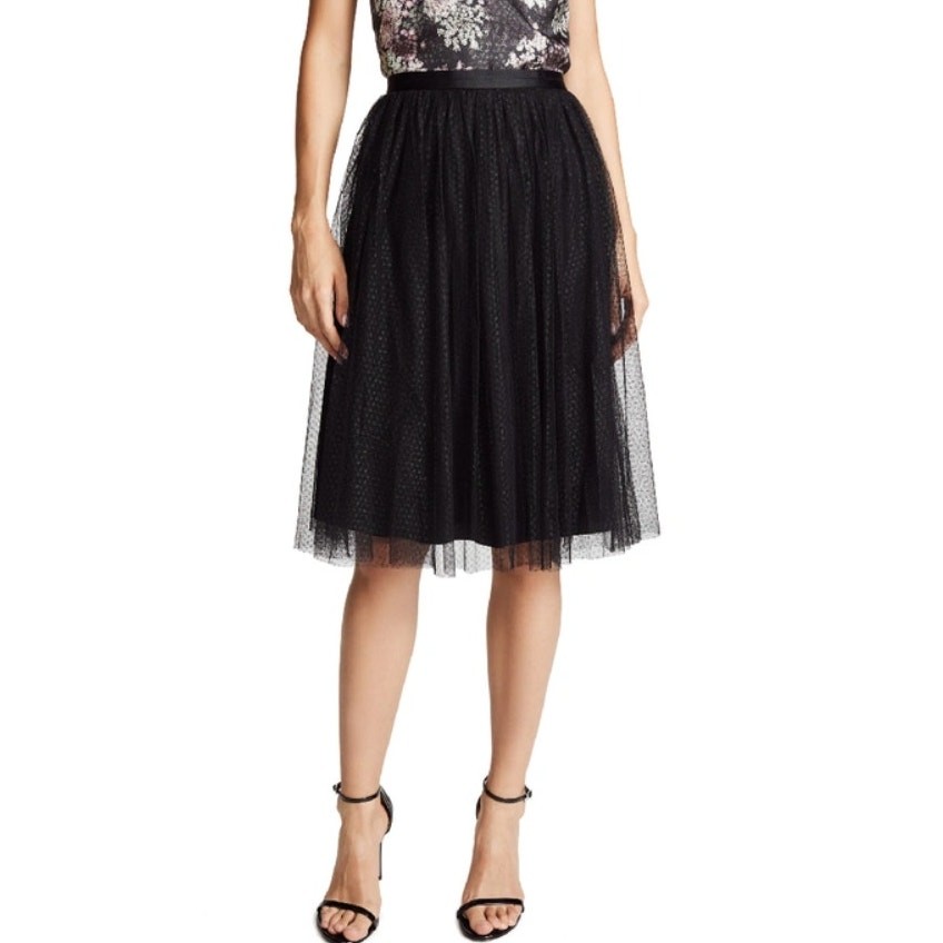 Needle & Thread Black Back Zip Below The Knee A-Line Dotted Tulle Midi Skirt 0