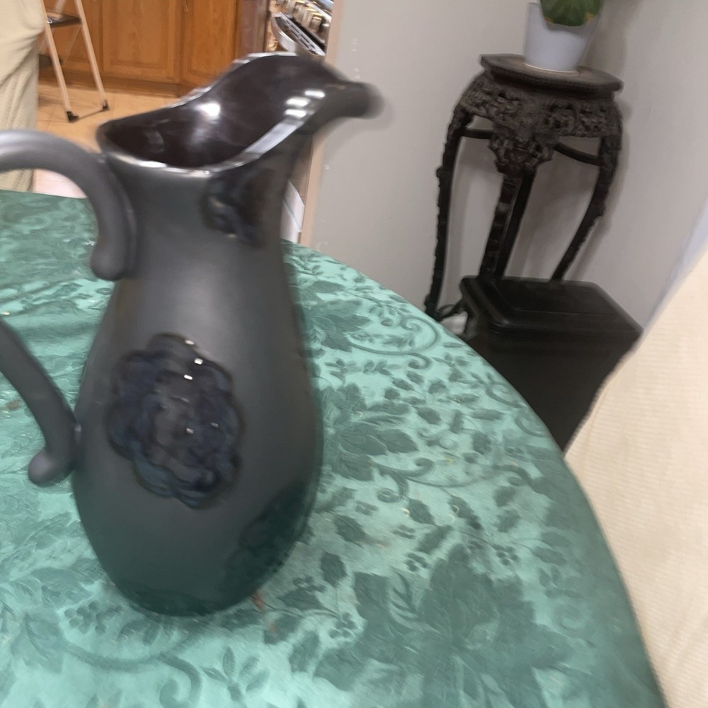 Vintage Black Ceramic Signed Pitcher Vase Hand Painted Floral Design