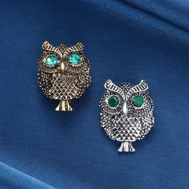 Exquisite Green Eyes Owl Brooch Enamel Rhinestone Animal Pin Jewelry Gift