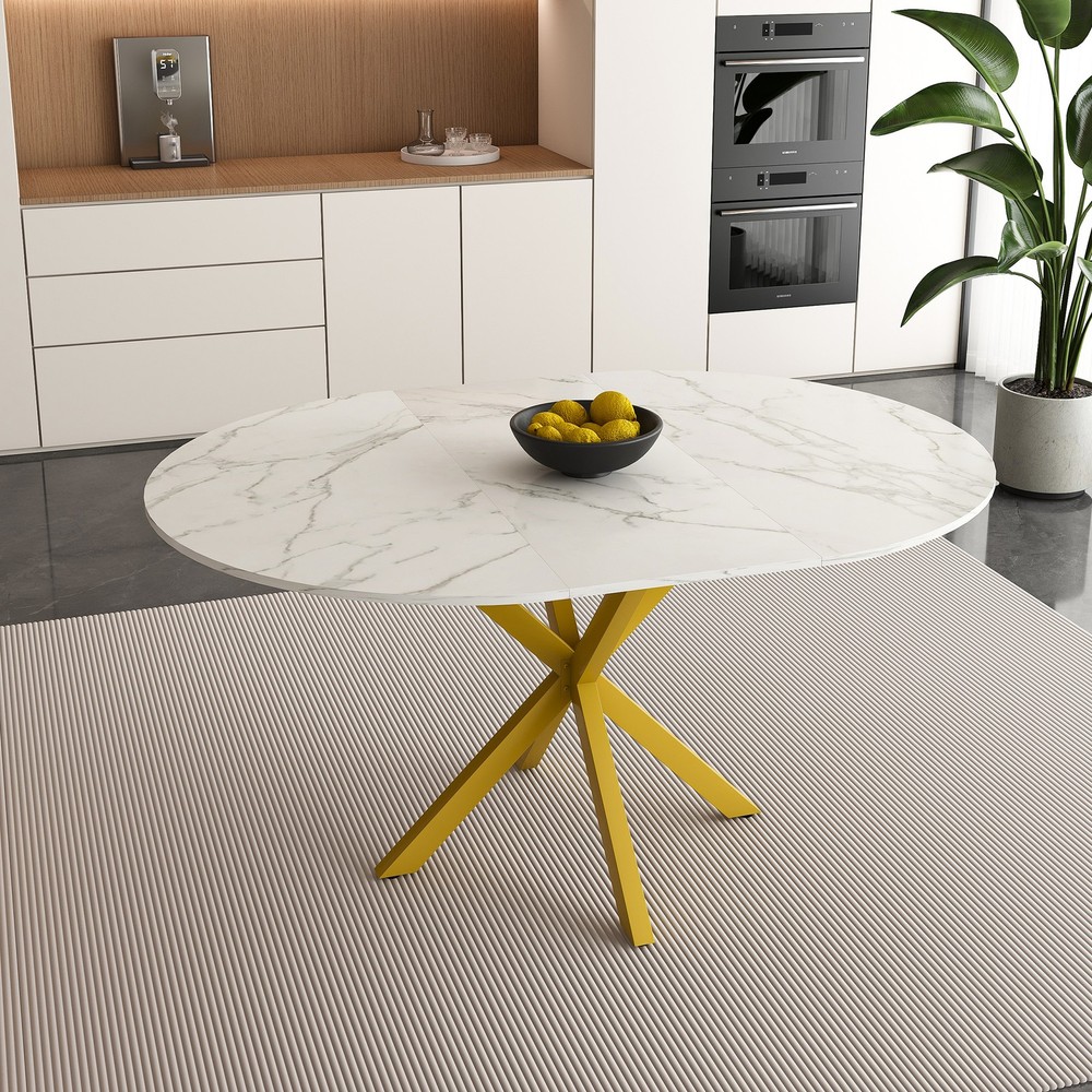 Modern Extendable Round Dining Table For 4-6,Kitchen Wood Table with Steel Base