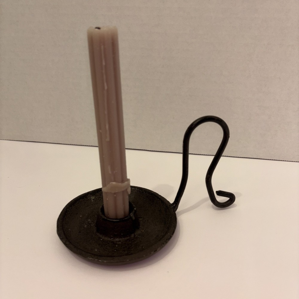 Vintage Antique Black Cast Iron Chamberstick Candle Holder Wee Willie Winkie