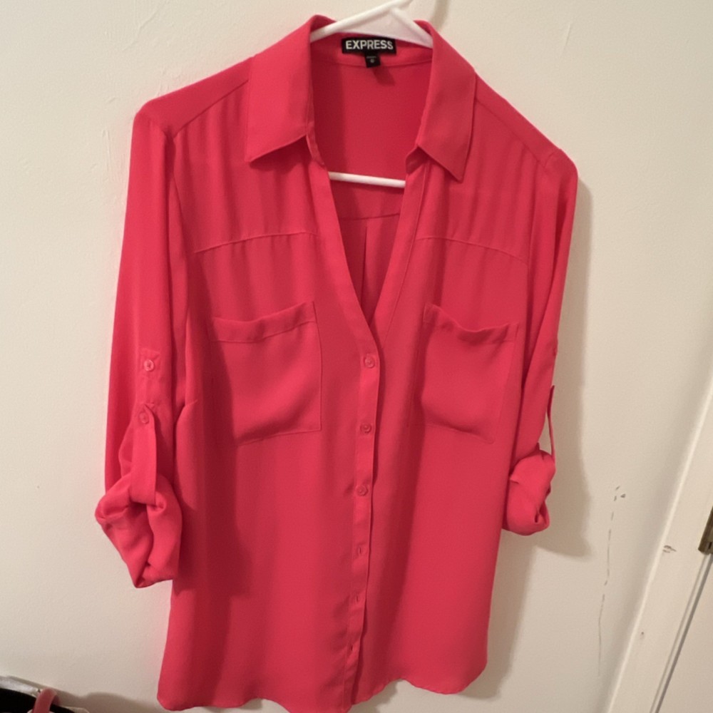 Express Women's Pink Collared Button Front Shirt Roll Tab Sleeve Long Sleeve M