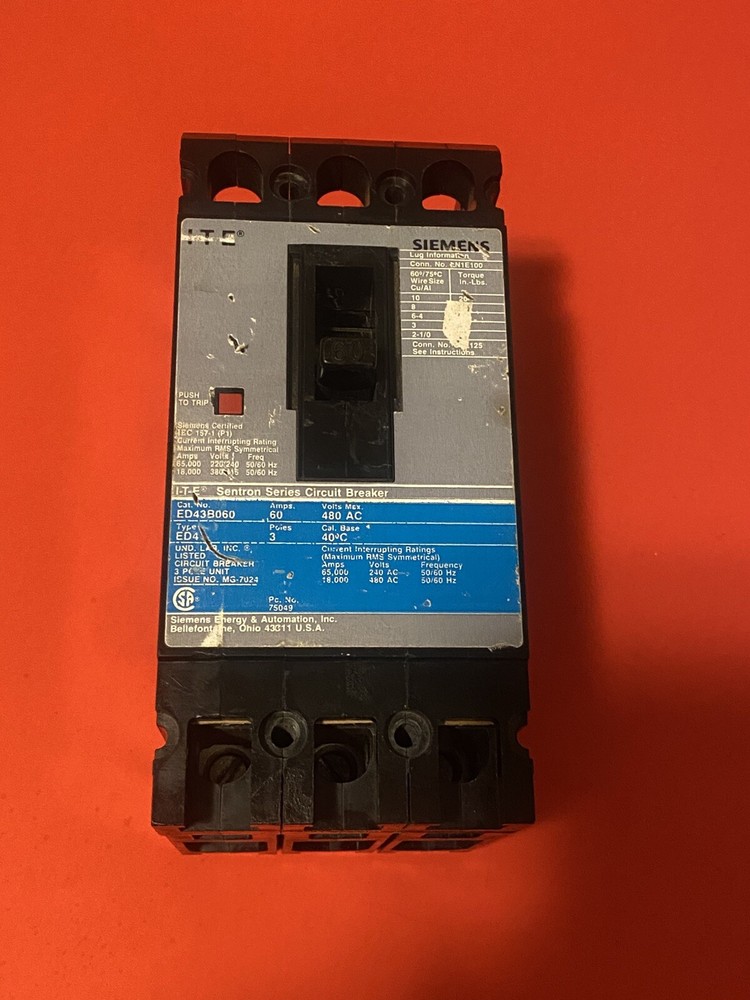 Siemens Sentron Ed6 Circuit Breaker Ed63B060 60Amp 600Volt 3Pole