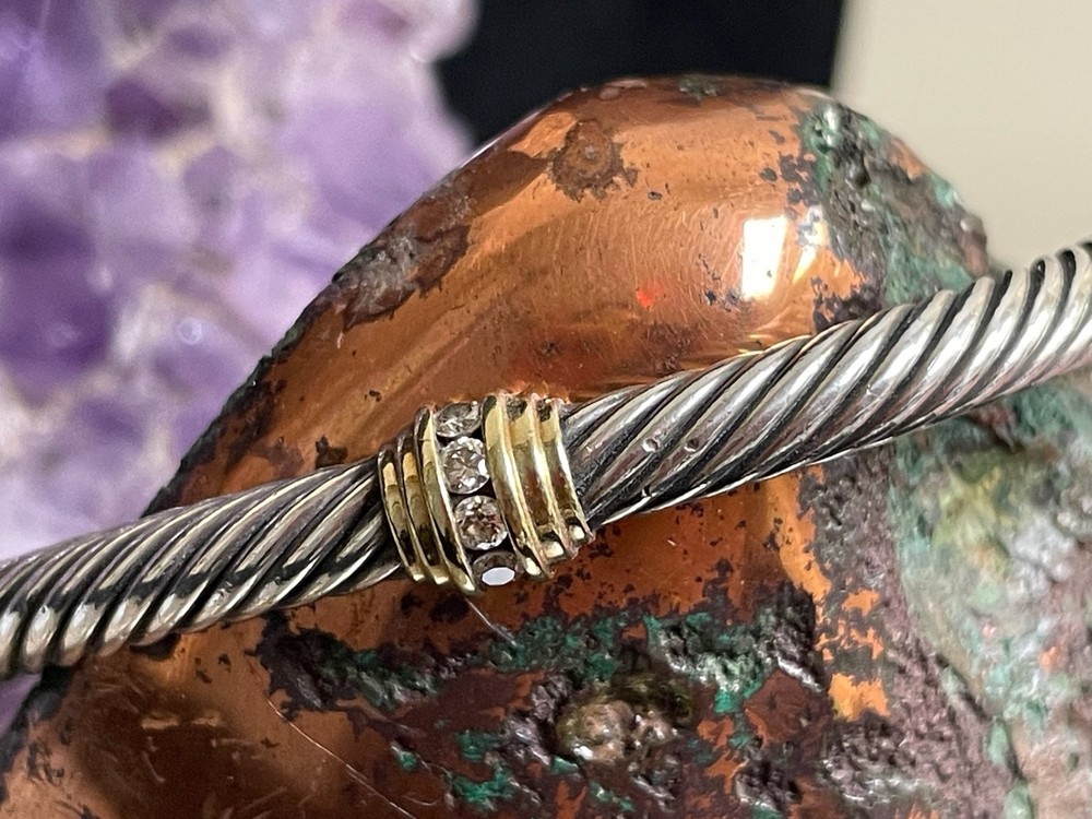 David Yurman5MM Sterling Silver 18K YG Diamond Cable Cuff APPROX 6.25”Bracelet