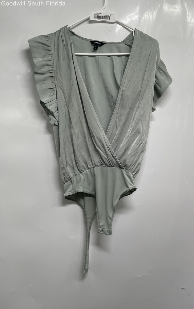 Express Womens Green Flutter Sleeve Surplice V-Neck Wrap Bodysuit Blouse Top XS