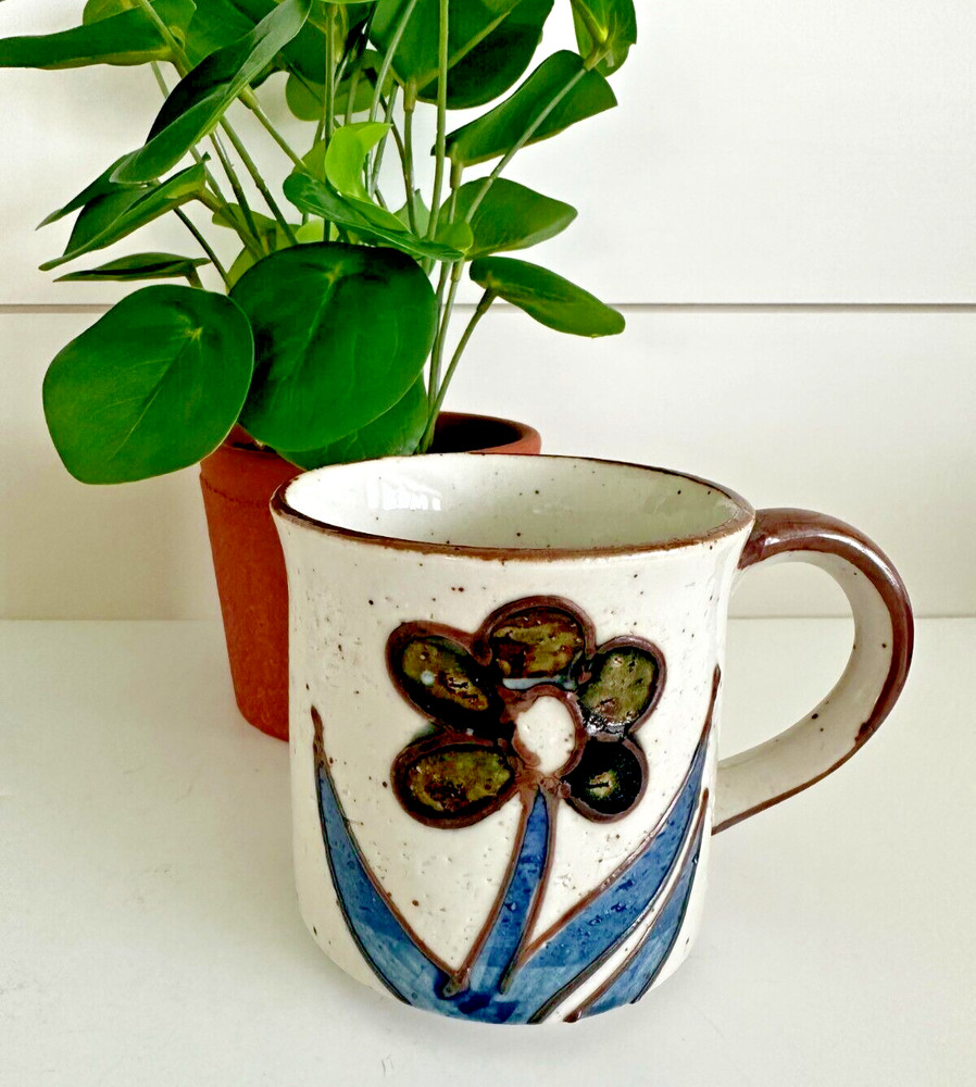 Vintage Stoneware Flower Mug Purple & Blue Speckled Retro 1970s