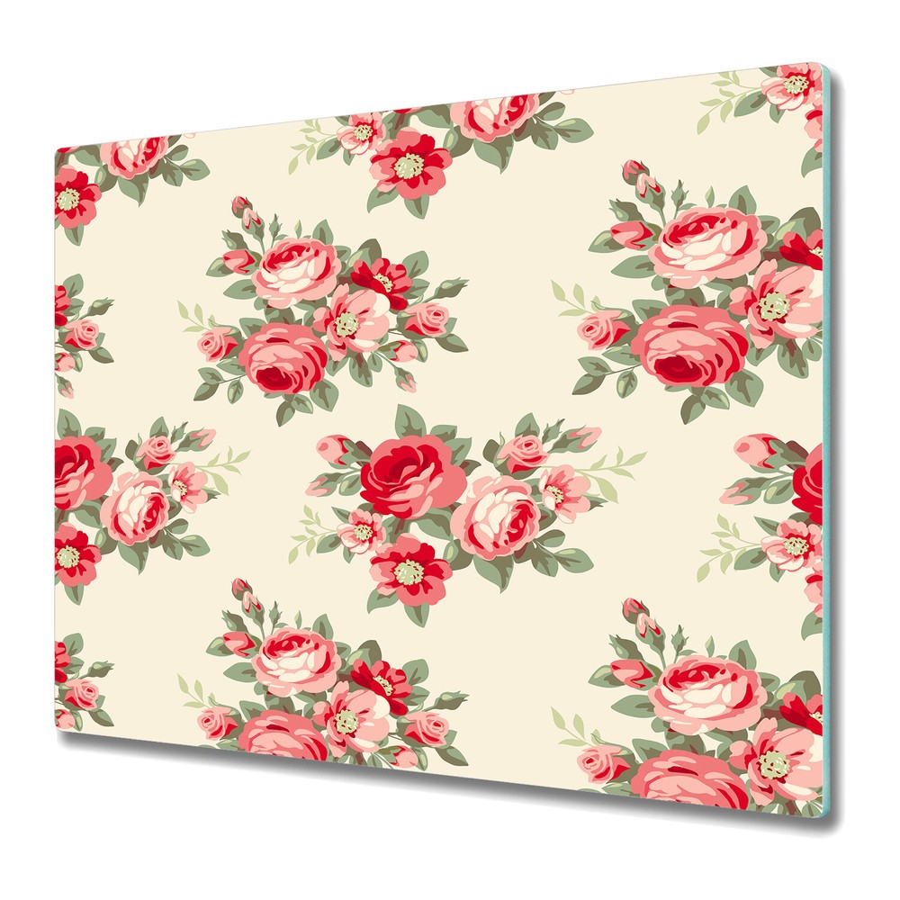 Glass Surface Protector Worktop Saver Roses white red and green 60x52