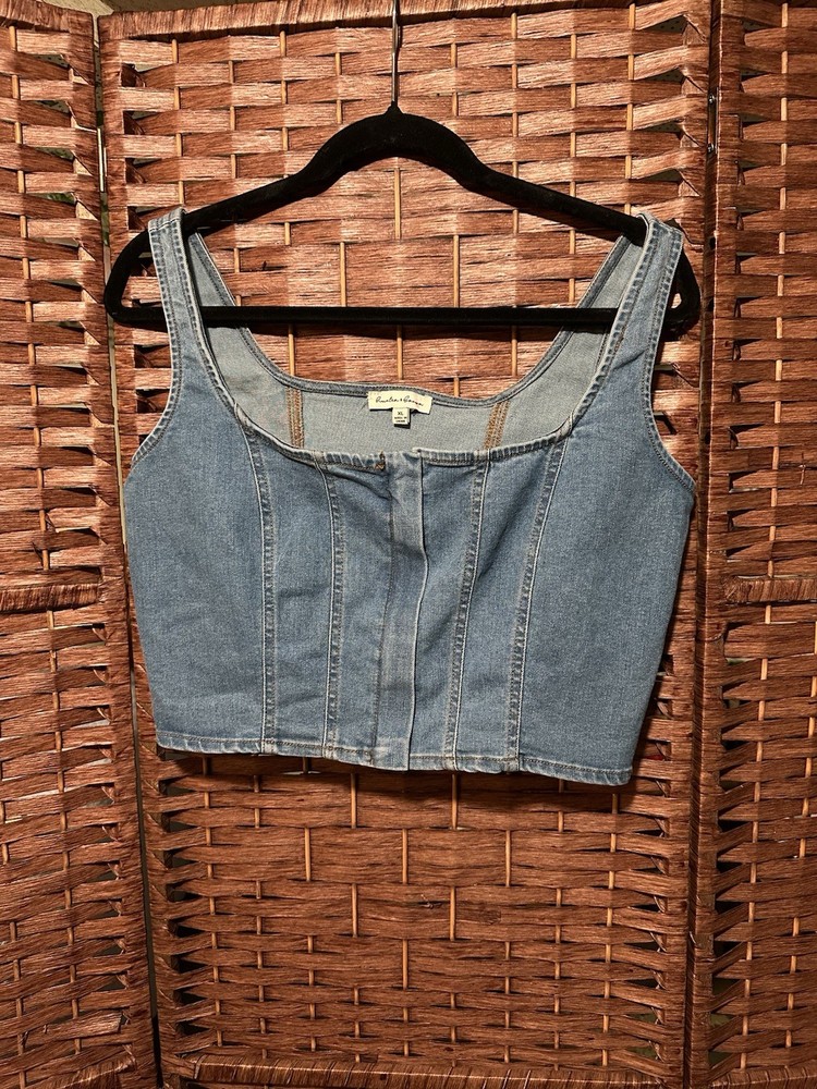 Y2K Women’s Sleeveless Denim Jean Corset Top Front Zip Size XL Hunter & Brown