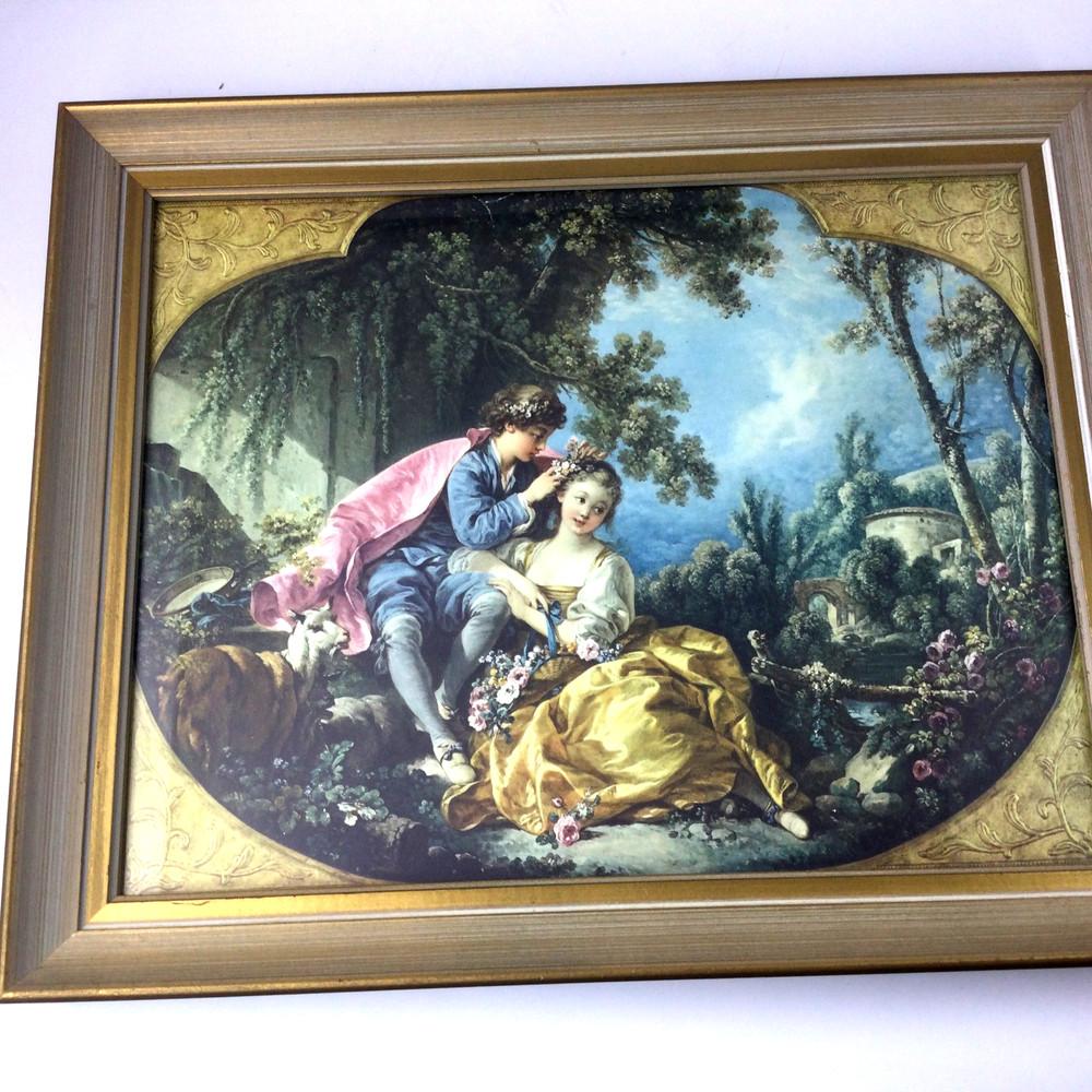 Wall hanging Vintage Wood Frame Print Courting Couple Scene 16