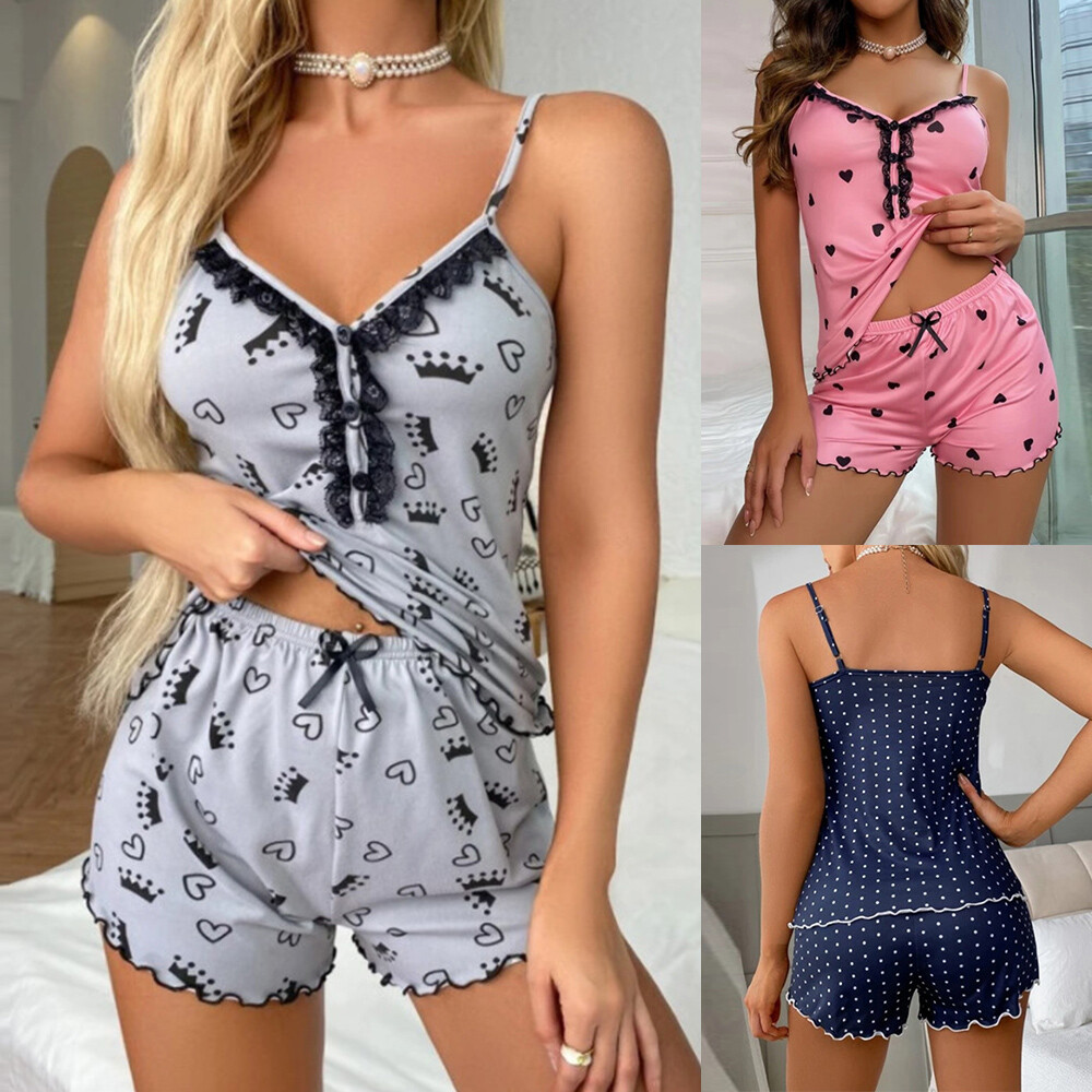 Women's Silk Satin Pajama Set with Lace Babydoll Nightwear for Sleep and Lingerie