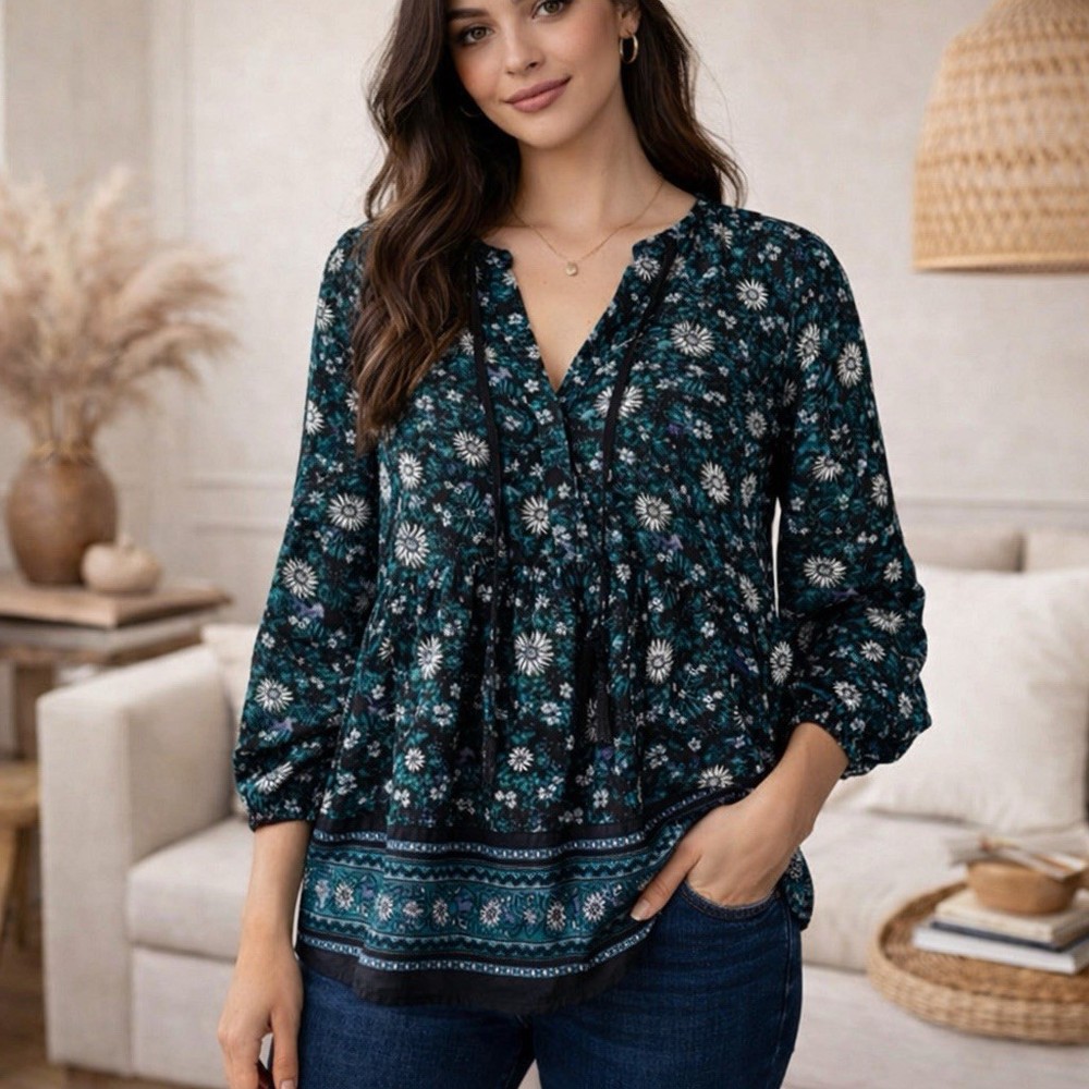 Old Navy Peasant Top Blouse women’s Size Small Dark Teal Blue Floral Boho