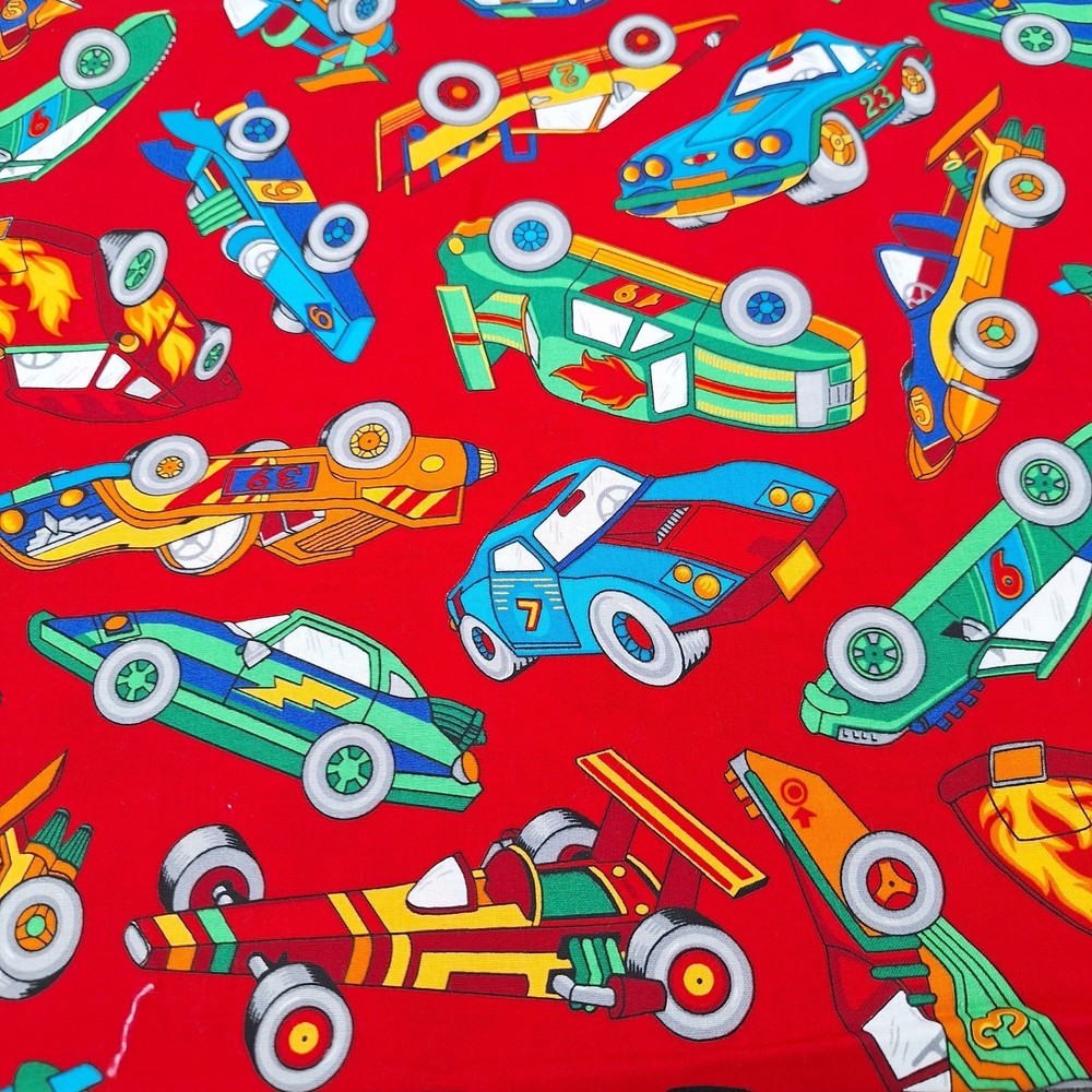 RACE CAR RACING Cotton Fabric Vintage Cranston Blue Red Green Yellow 1 yard