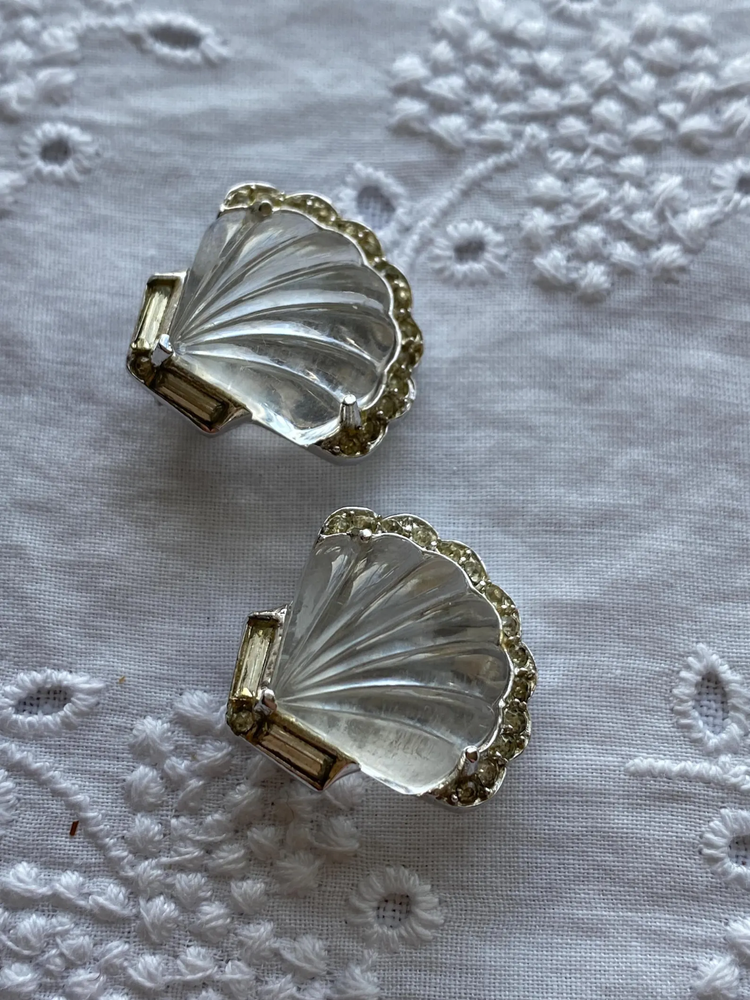 RARE Crown Trifari Moonshell Jelly Belly Clip On Earrings by Alfred Philippe