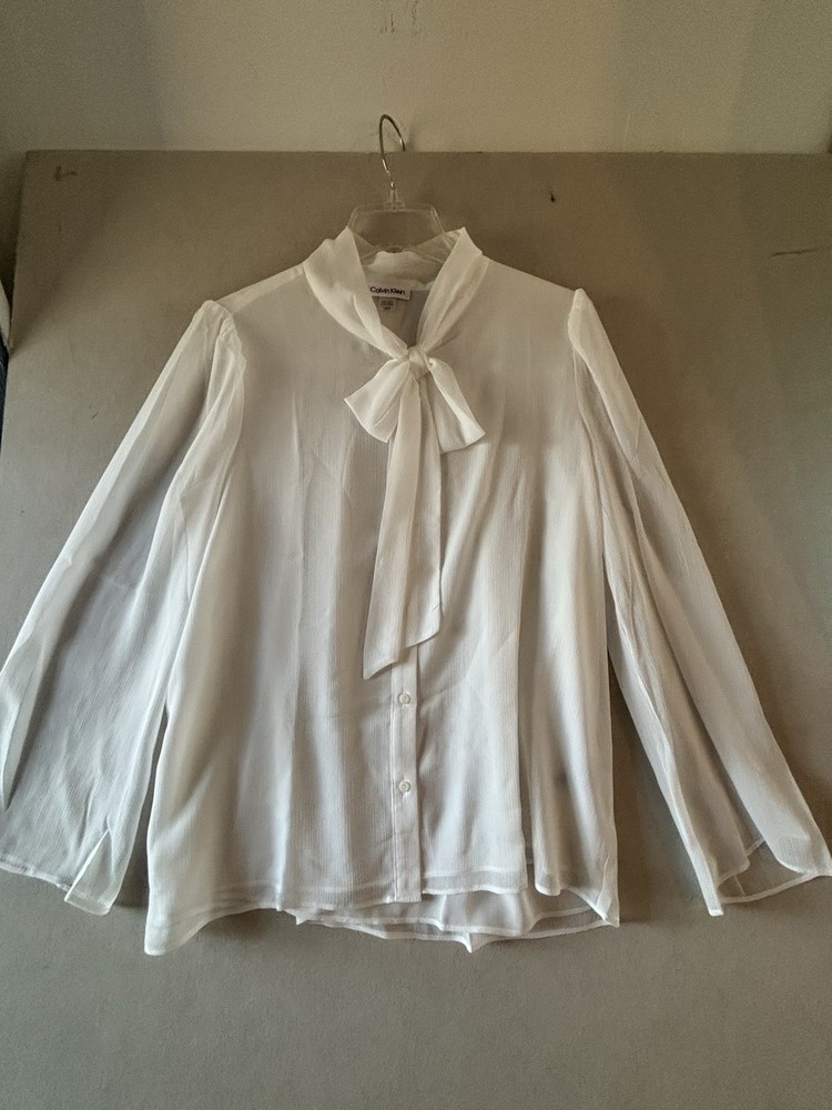 Calvin Klein Blouse Large White Bow Tie Neck Long Sleeve Sheer Top Womens NWT