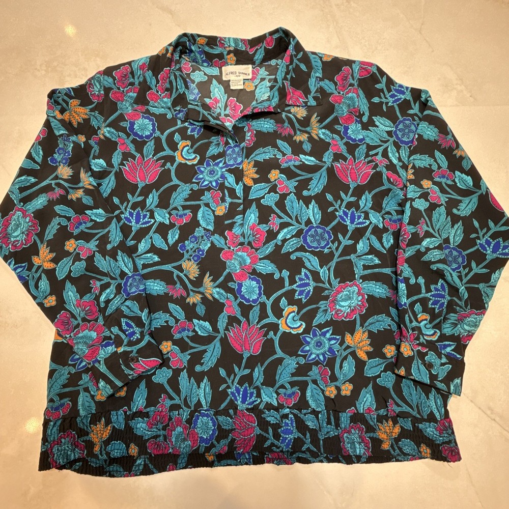 Alfred Dunner Women Vintage Blouse Floral Black Long Sleeve Size 44 Button Front