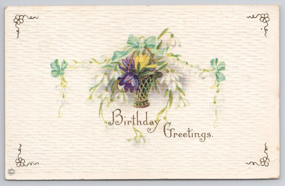 Antique Embossed Birthday Greetings Postcard Flowers Basket Ribbons Hettie