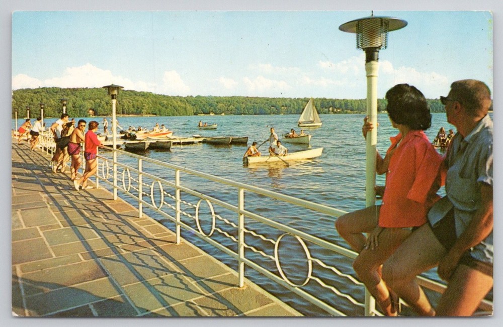 1965 Monticello NY Laurels Hotel Sackett Lake Lakefront Promenade Postcard