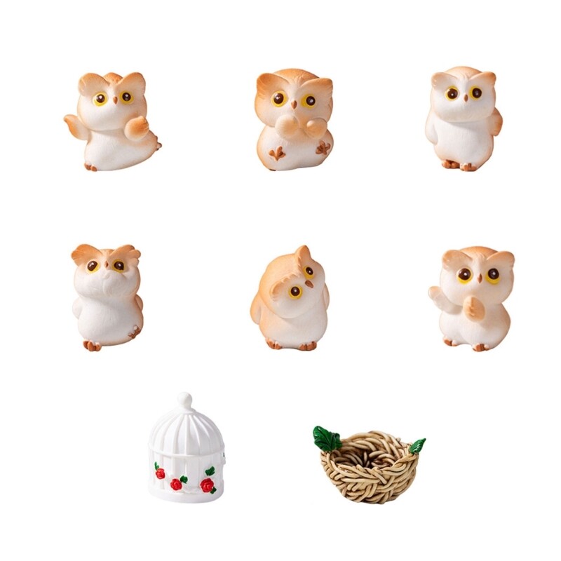 Pack of 8 Small Owl Figures Ornament Fine Resin Sculptures Crafted Decorations