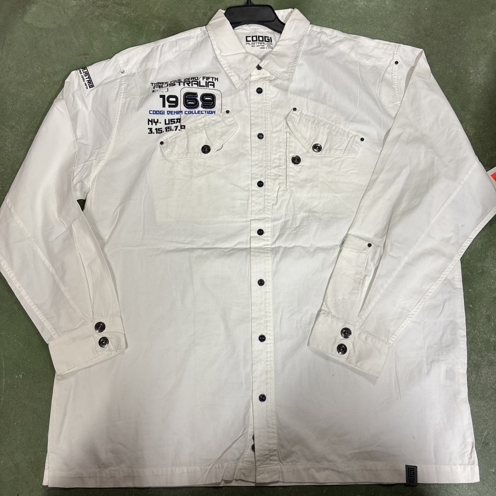 Coogi Authentic Mens 4XL Shirt Cotton Long Sleeve White Black Silver Buttons