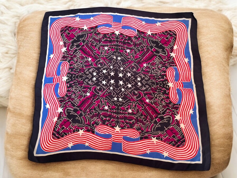 Vintage Multi Color Silk? Scarf Blue red purple black white 33x34