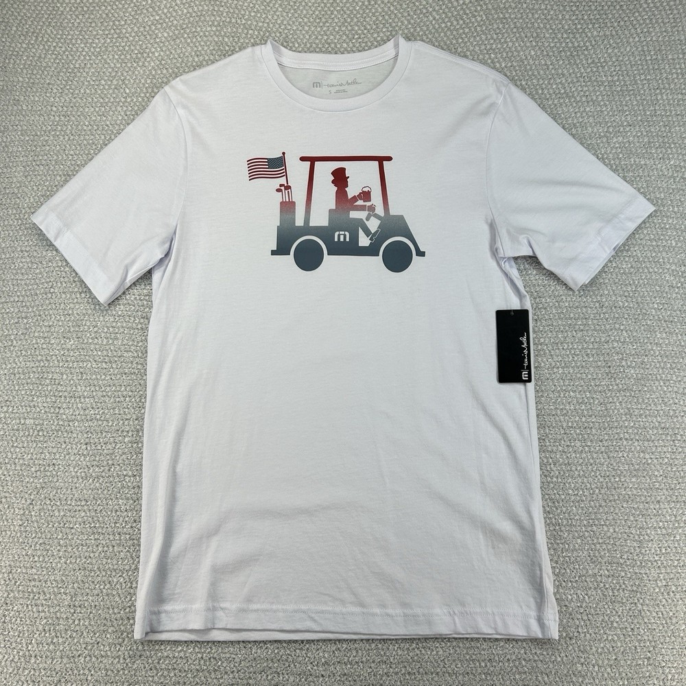 Travis Mathew T-Shirt Mens Small White Pledge to Beer Patriotic Golf Cart USA