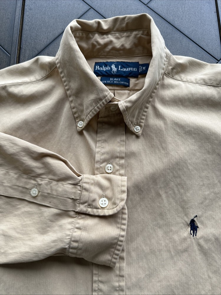 Ralph Lauren Shirt Mens Medium Tan Silk Cotton Blake Button Down Long Sleeve