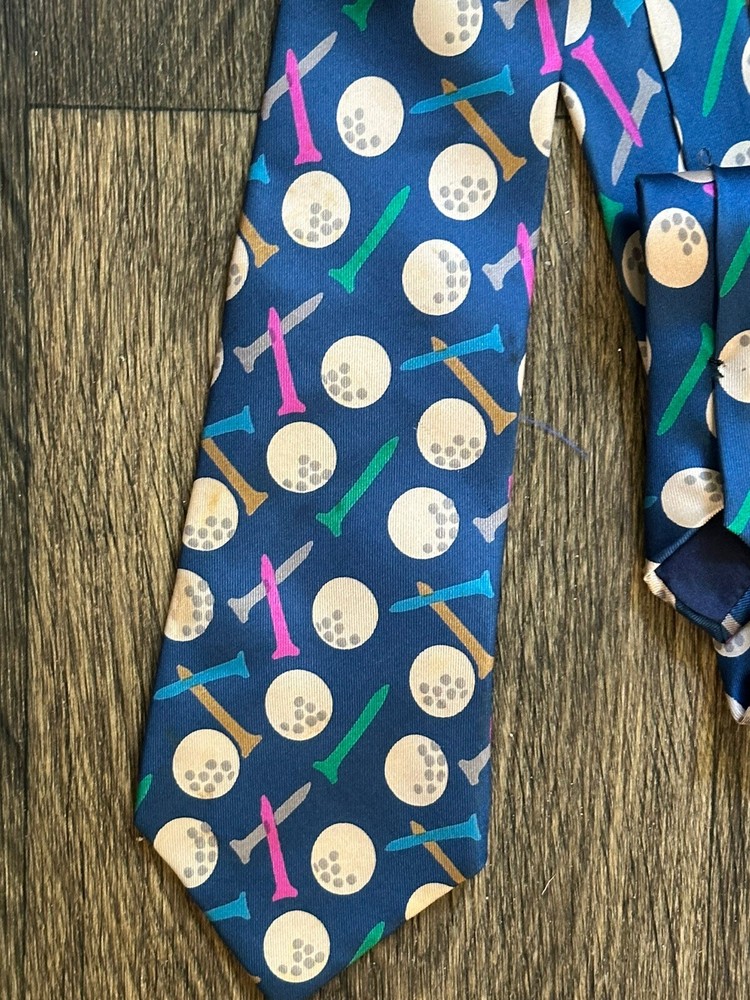 Lillian Vernon Mens Neck Tie Blue Golf Balls Tees Novelty Print Silk
