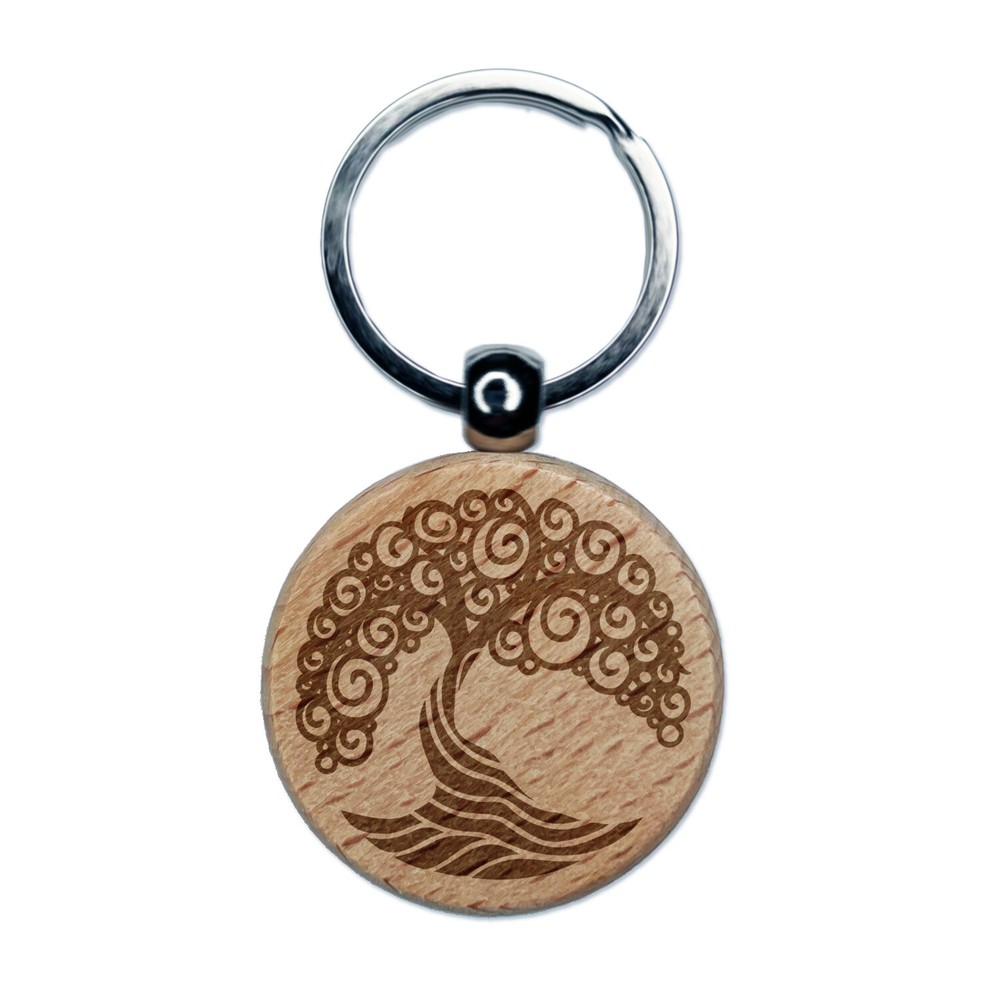 Abstract Tree of Life Wooden Keychain Charm with Engraved Design  -image