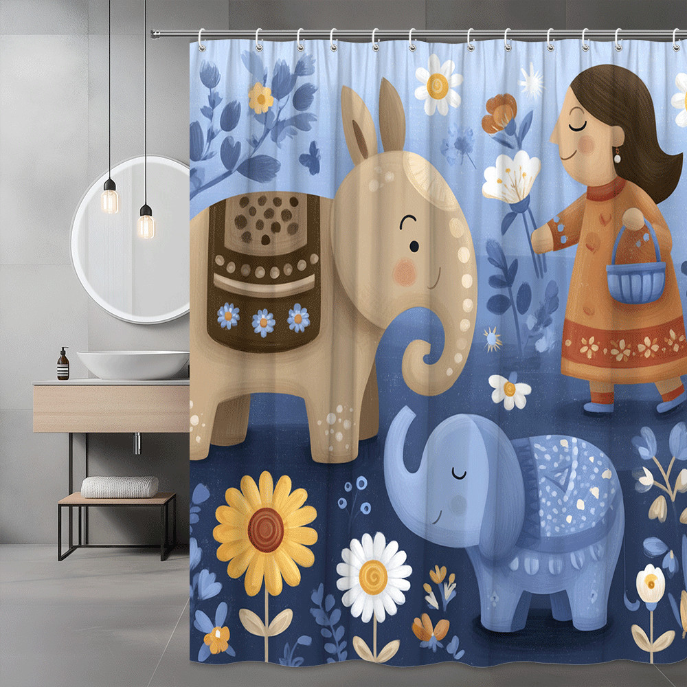 Boho Elephant Floral Shower Curtain Kids Nursery Decor