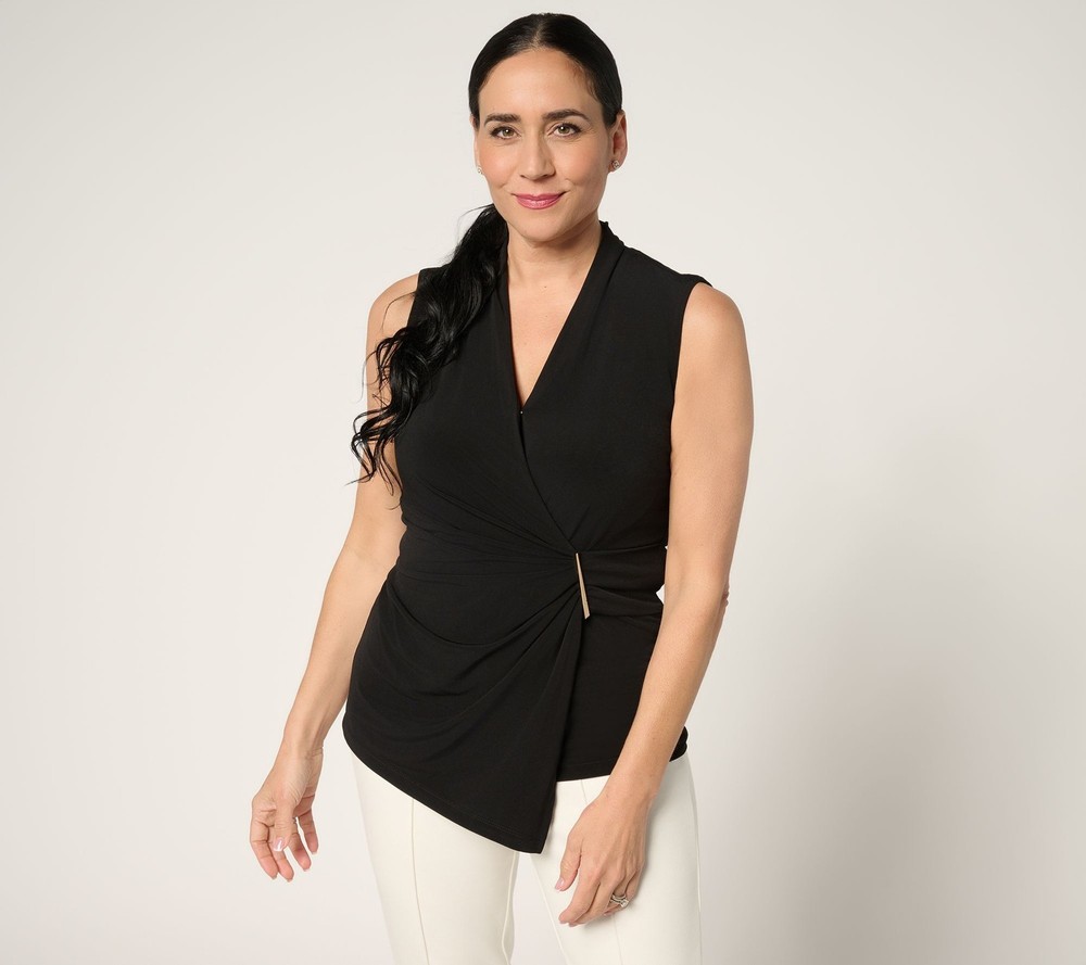 Susan Graver Women's Top Sz M Liquid Knit Draped Faux Wrap Hardware Black