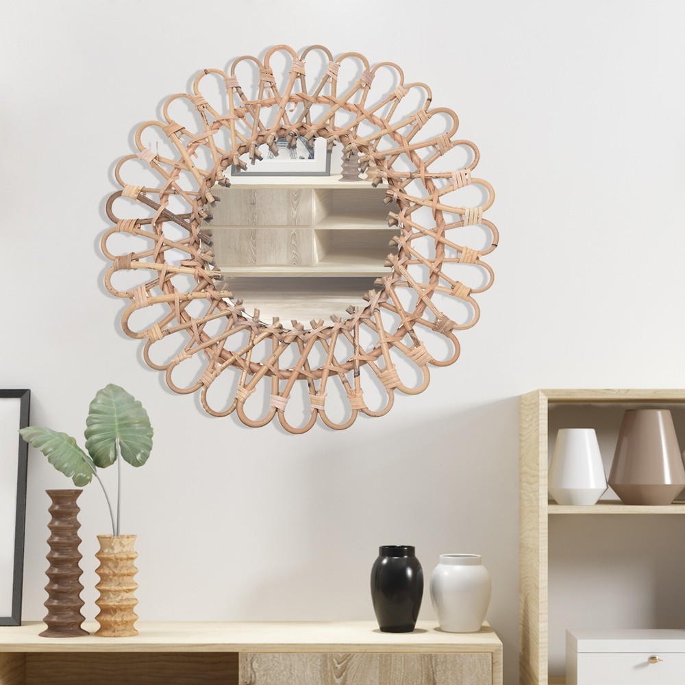 Nordic Rattan Round Wicker Wall Mirror for Home Decor