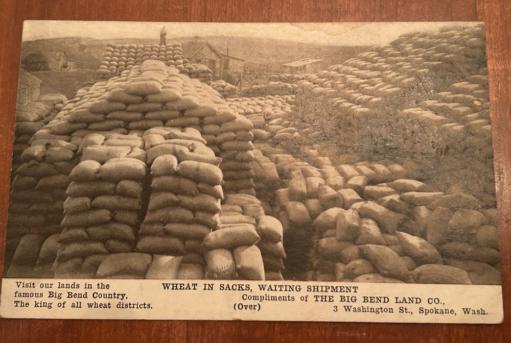 c1907 Big Bend Land Co Spokane WA Wheat Sacks Farm Promo Photo Postcard Size