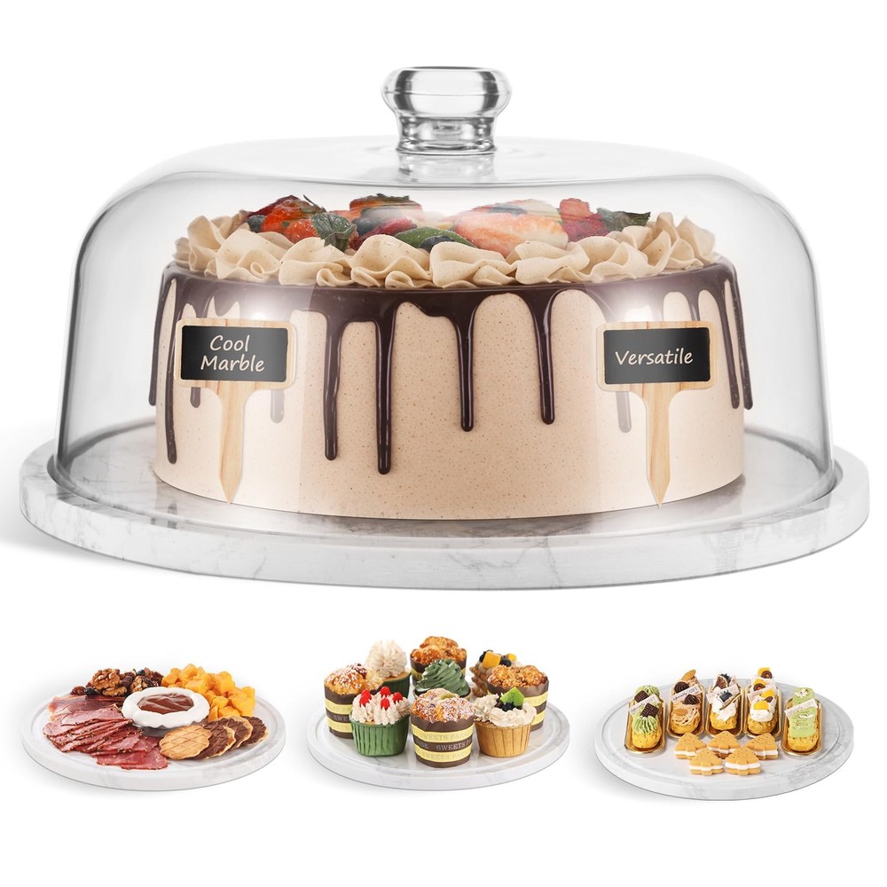 Clear Acrylic Cake Stand with White Marble Base & Dome Lid for Desserts