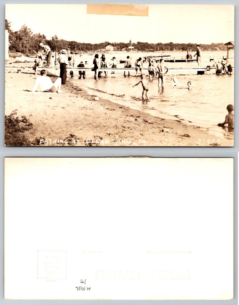 Clear Lake Iowa RPPC Vintage Postcard Bathing Beach Scene 1910s-20s