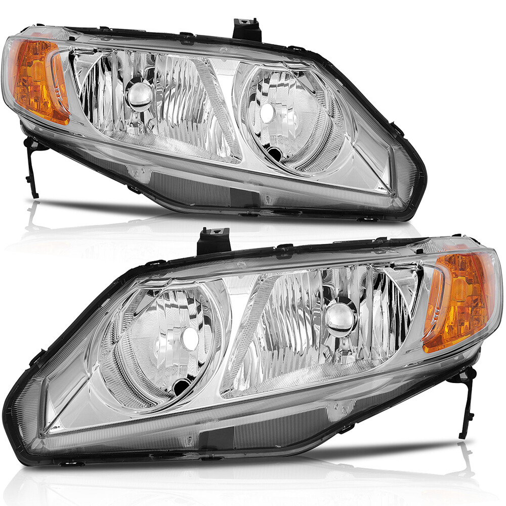 For 06-11 Honda Civic 4DR Sedan Chrome Housing Headlight Headlamps Assembly Pair