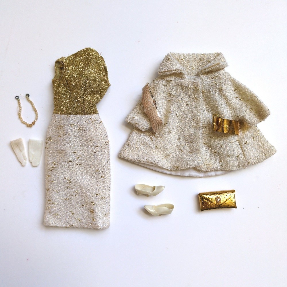 Vtg 60's Barbie On the Avenue #1644 Outfit Gold White Dress Coat Shoes COMPLETE