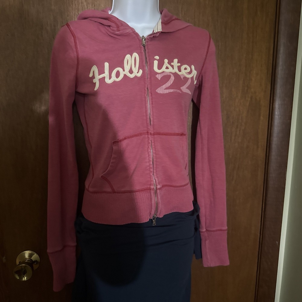 Hollister Y2K Pink Zip Jacket Hoodie Sweatshirt Women Size Large Embroider