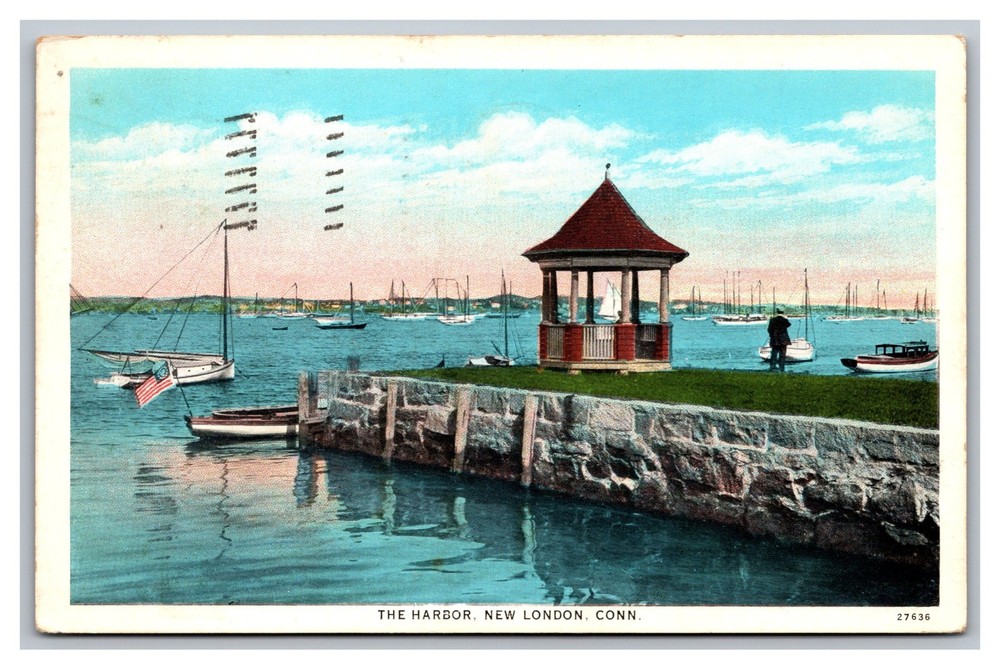 New London CT The Harbor Sailboats Posted 1933 White Border Postcard