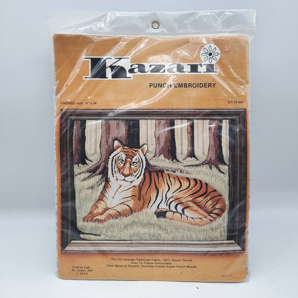 Vintage Tiger Punch Embroidery Kit Kazari 1979 Cronar LTD 18x24
