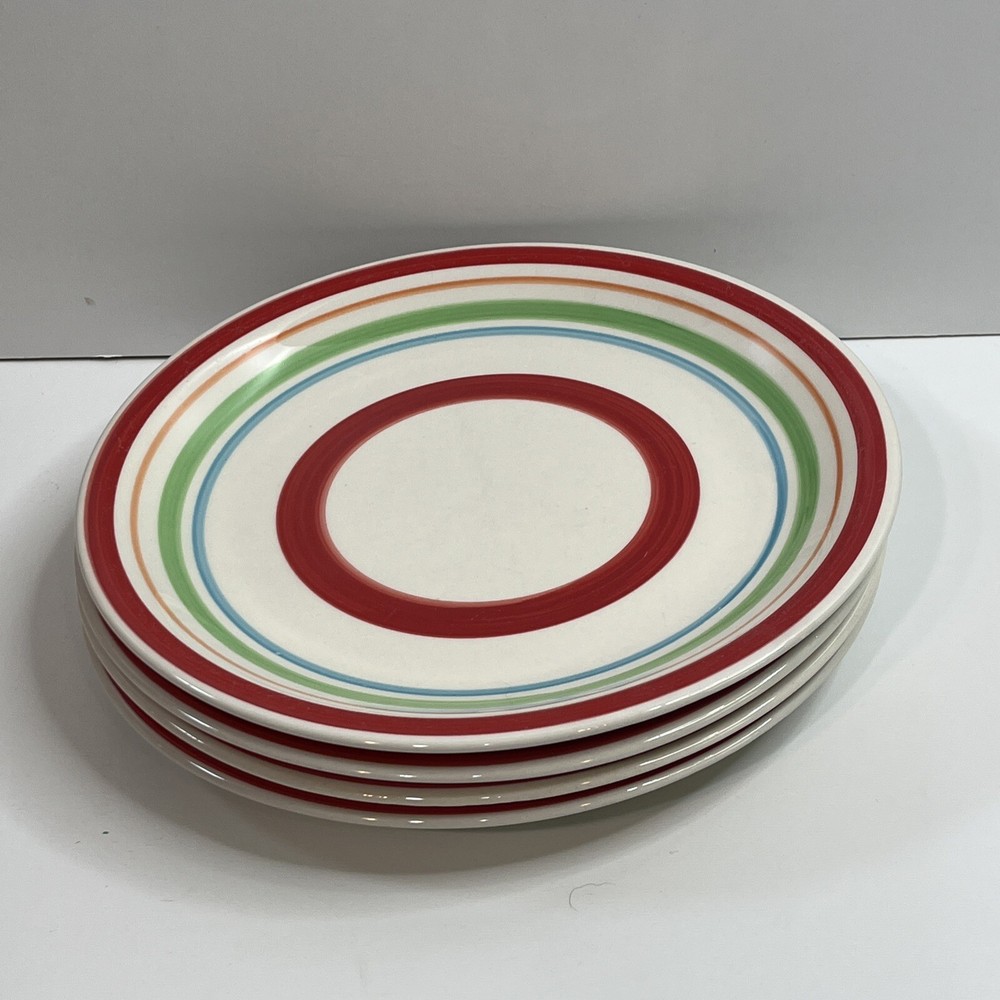 Royal Norfolk Stonewear Dinner PLATES Red Blue Green Orange Swirl Set Of 4