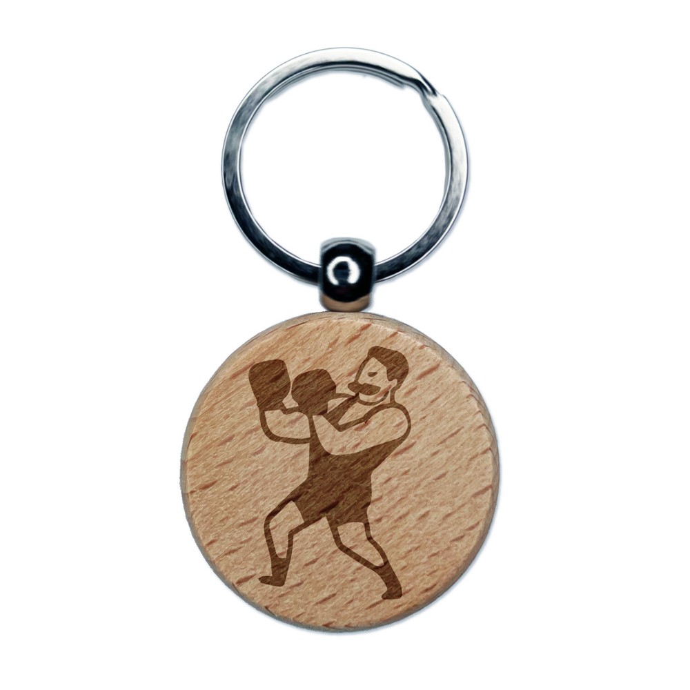 Vintage Boxer Pugilist Fighter Engraved Wood Round Keychain Tag Charm