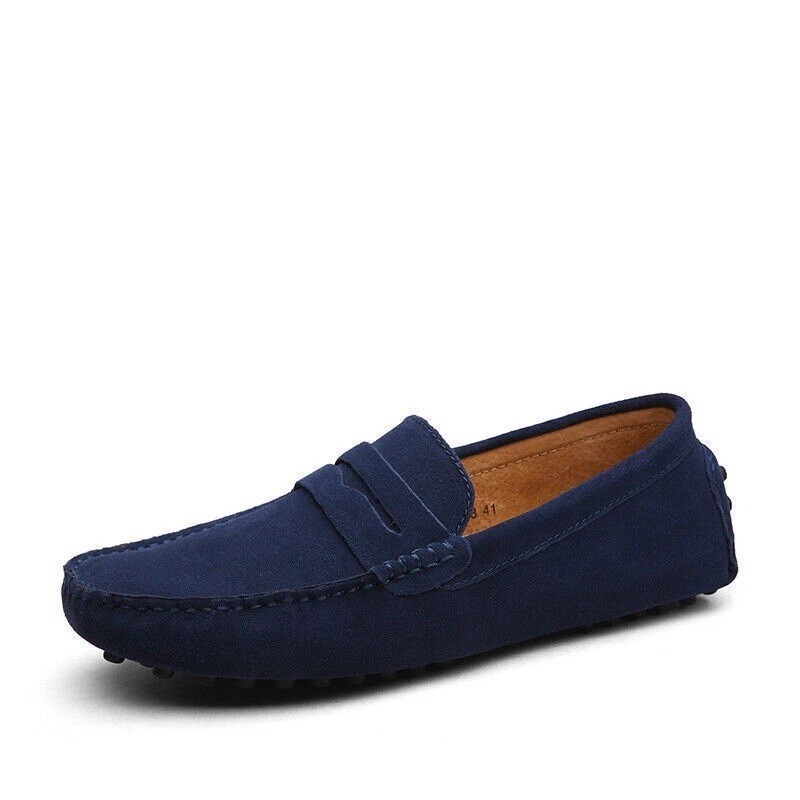 Santimon Men's US 12 Blue Moc Toe Suede Penny Loafers Casual Dress Shoes