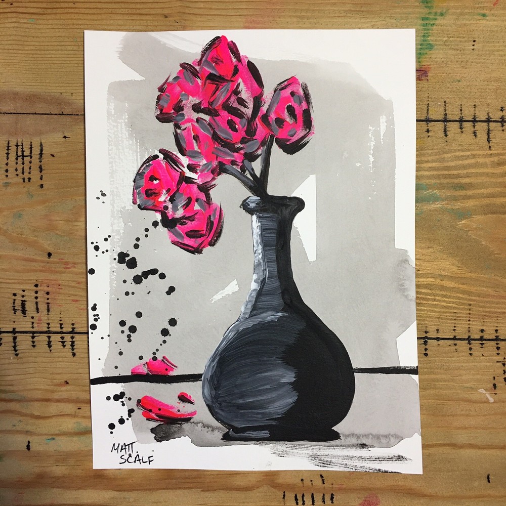 Matt Scalf 9x12 Flowers Floral Vase Abstract Neon Contemporary Signed Fine Art