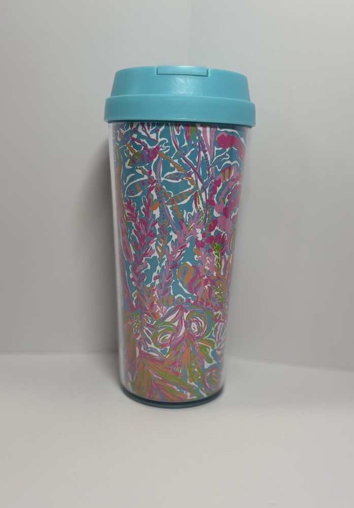 Lilly Pulitzer Multicolor Travel Tumbler Drinkware Lid 16oz Pink Blue Coffee Mug