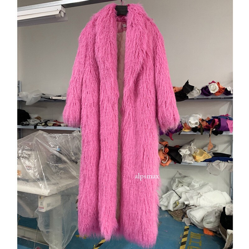Women Jacket Mongolian Lamb Sheep Faux Fur Coat Long Hair Overcoat Outwear Warm