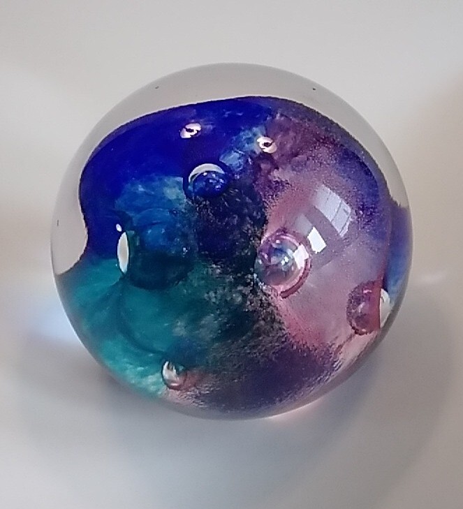 Art Glass Paperweight With Blue, Pink, Green Abstract Swirls  - 3