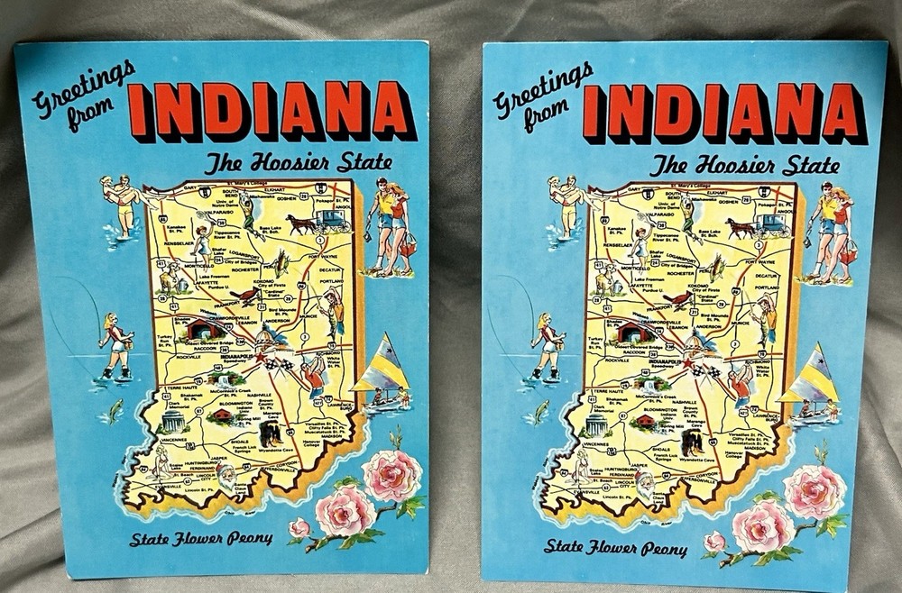 Greetings From Indiana Vintage Postcard Hoosier State Map Collectible Card